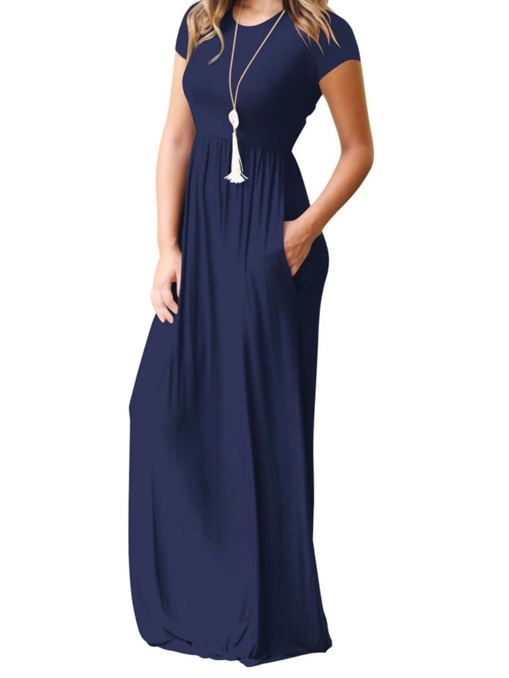 Mengpipi Casual Navy Short-Sleeve Maxi Dress with Pockets